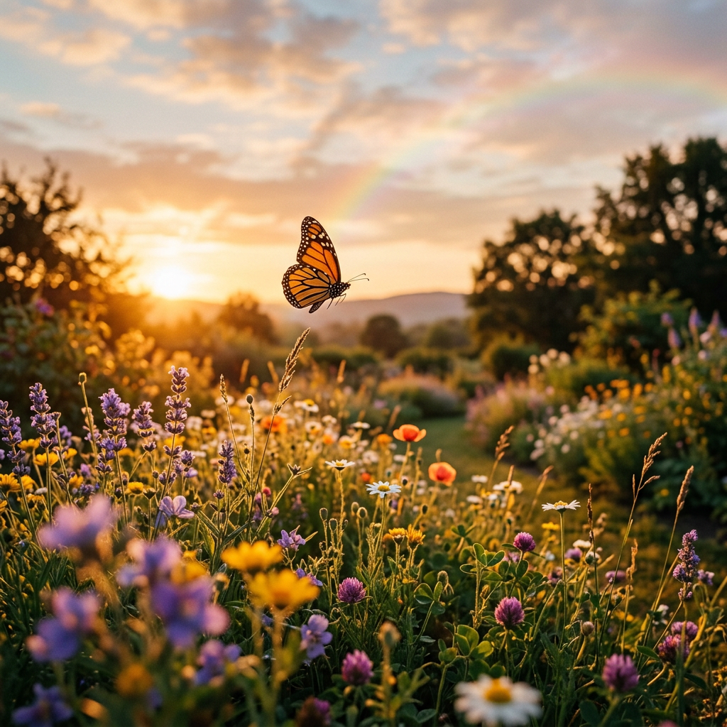 Monarch butterfly flying over a wildflower meadow at sunset